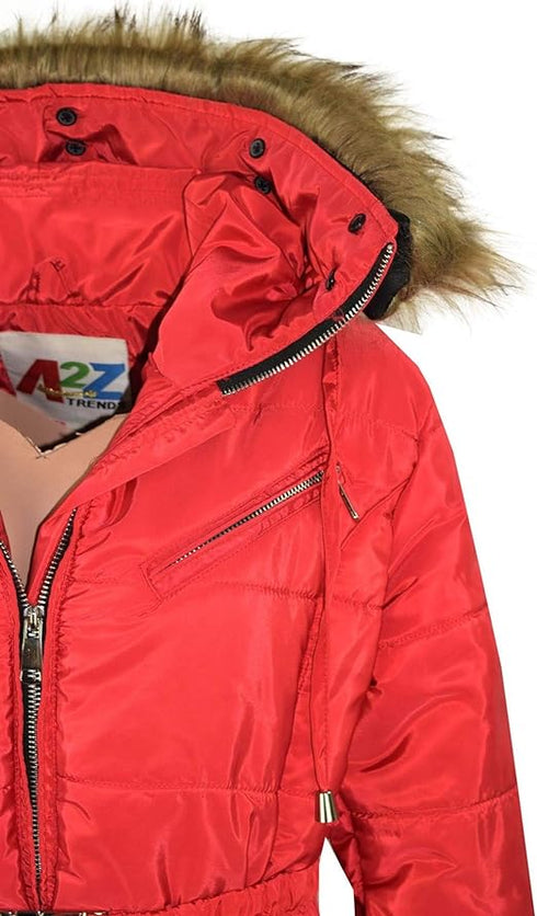 GIRLS PUFFER JACKET WITH DETACHABLE STYLISH HOODED - RED